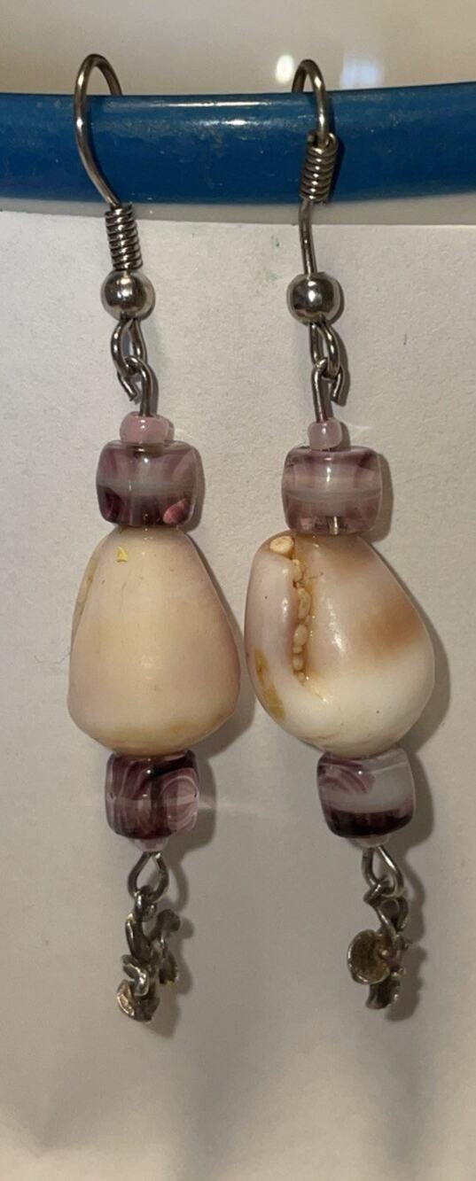 Hawaiian Handmade Pūpū Ala cone Shells and bead Dangly Earrings purple 2”